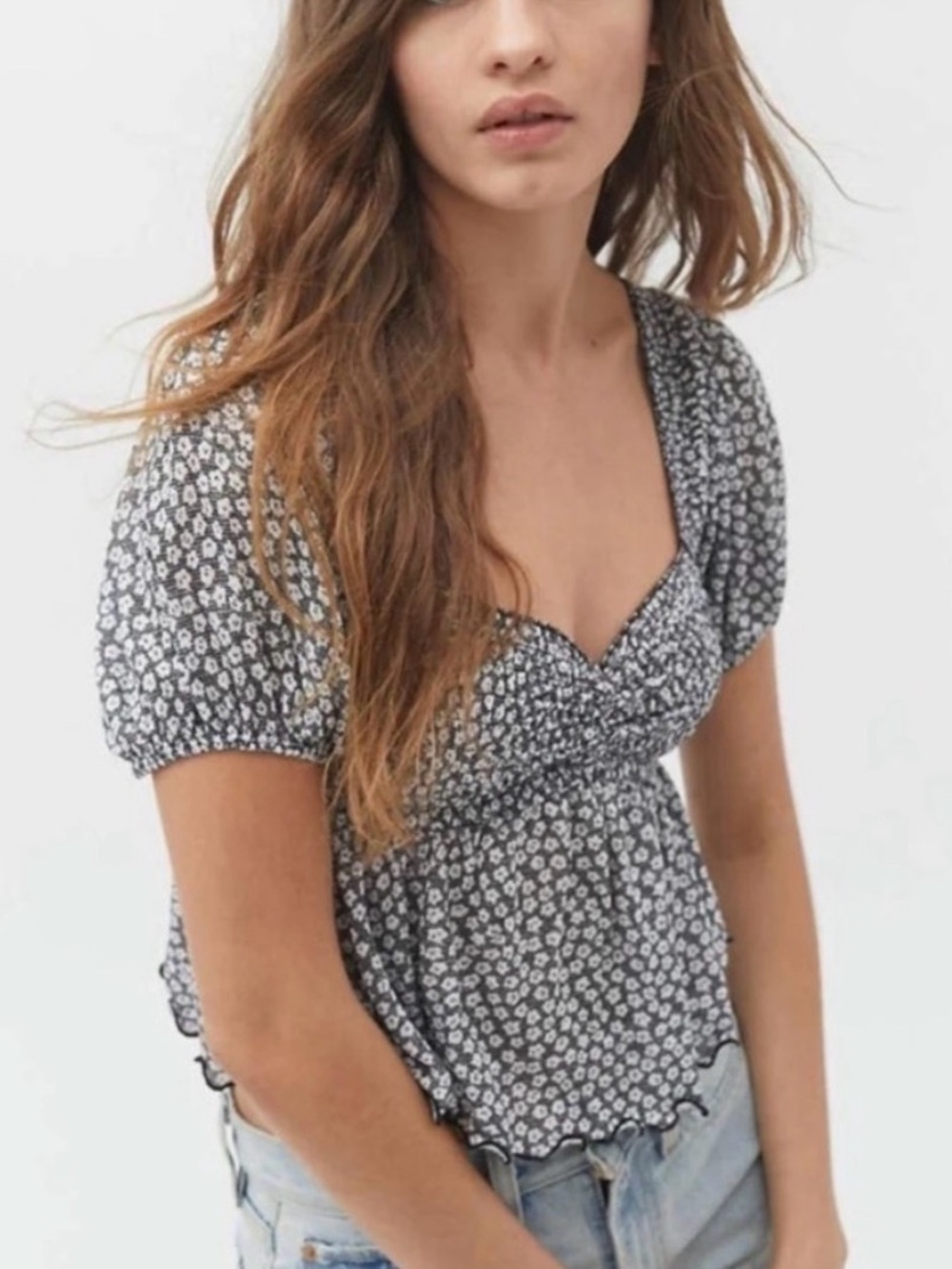 Urban Outfitters Black and White Floral Smocked Crop Top
